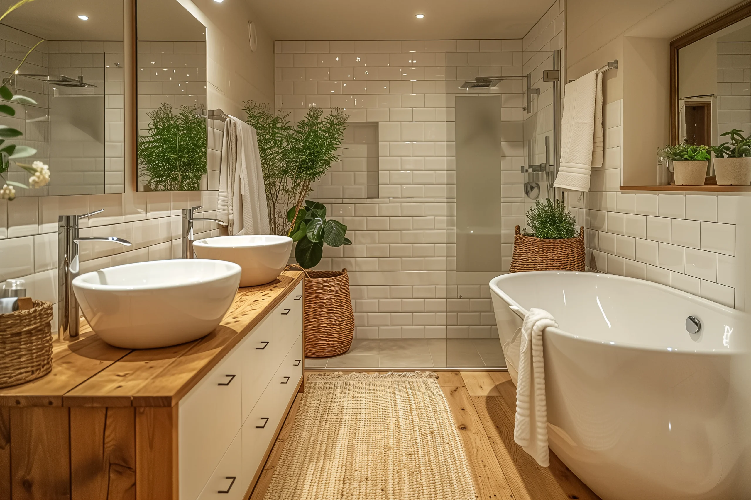 a modern bright bathroom with white ceramics and wooden fittings photo 1